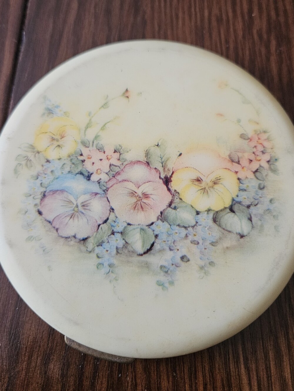 Rex Flapjack Powder Compact 1940s Pansies 4.5in Everlast Sifter Box